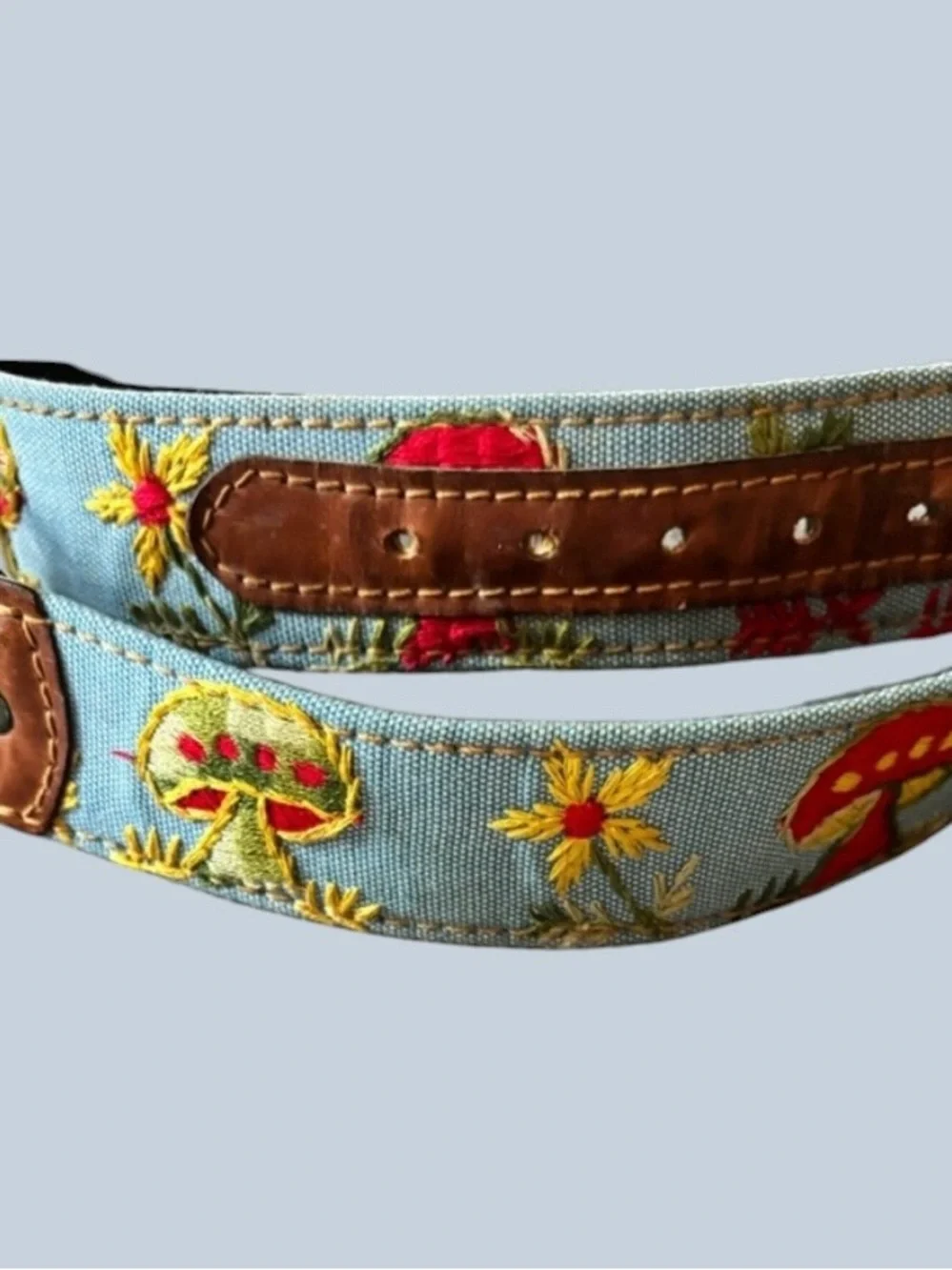 60’s 70’s vintage denim floral and mushroom embroidered leather unisex belt